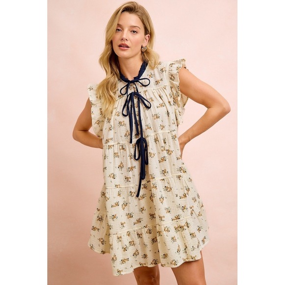 BiBi Dresses & Skirts - BiBi Floral Multi-tierd Dress With Ruffles And Front Tie - Oatmeal/Navy - Large